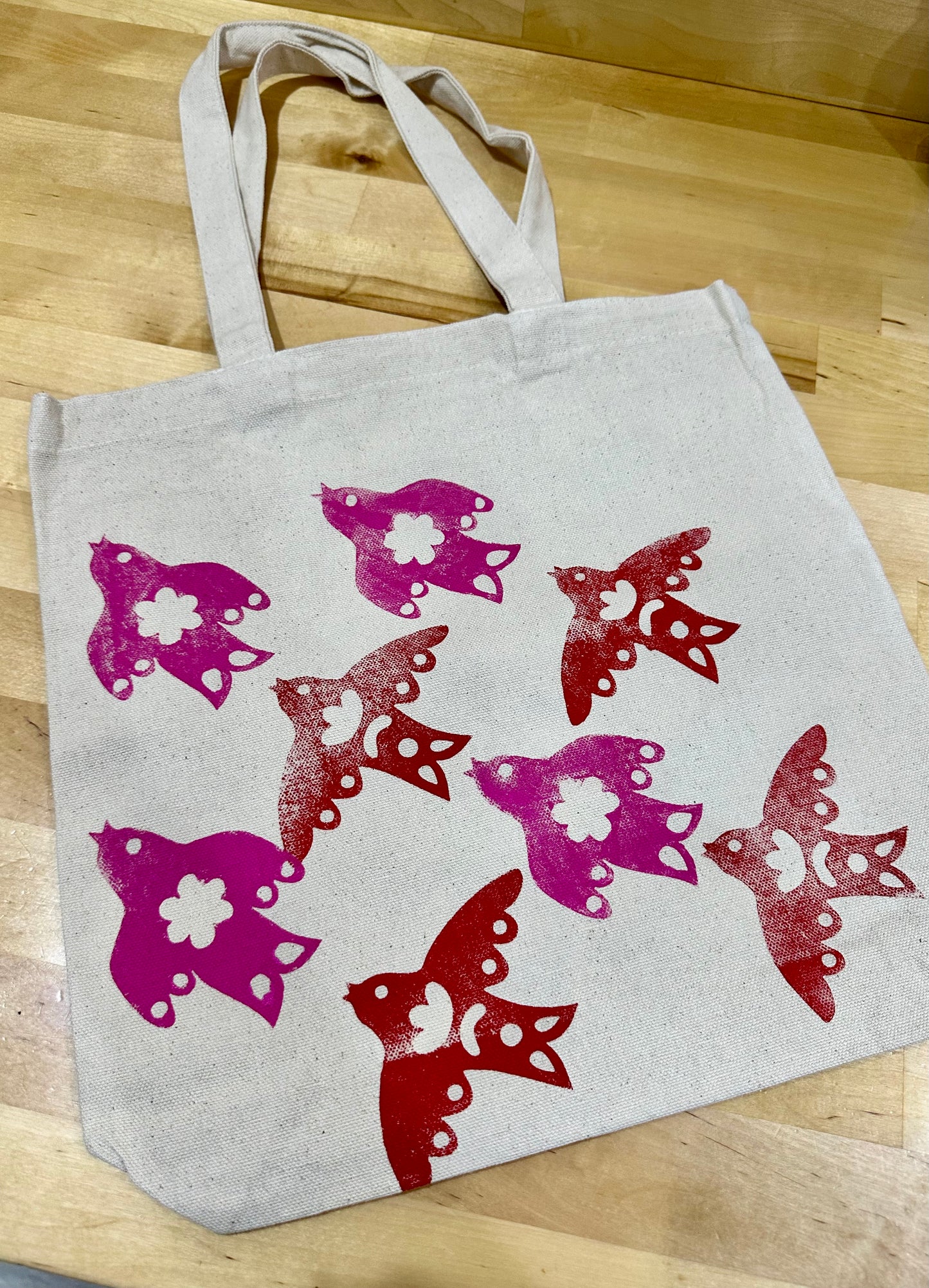 Red and pink bird canvas block printed bag