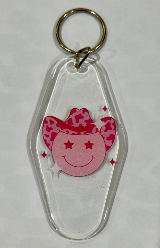 Pink cowgirl retro motel keychain
