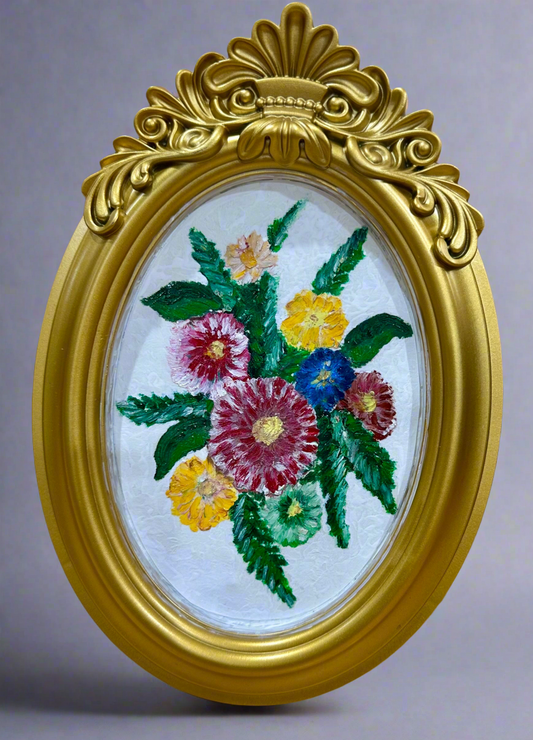 Framed floral oil pastel drawing