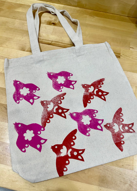 Red and pink bird canvas block printed bag