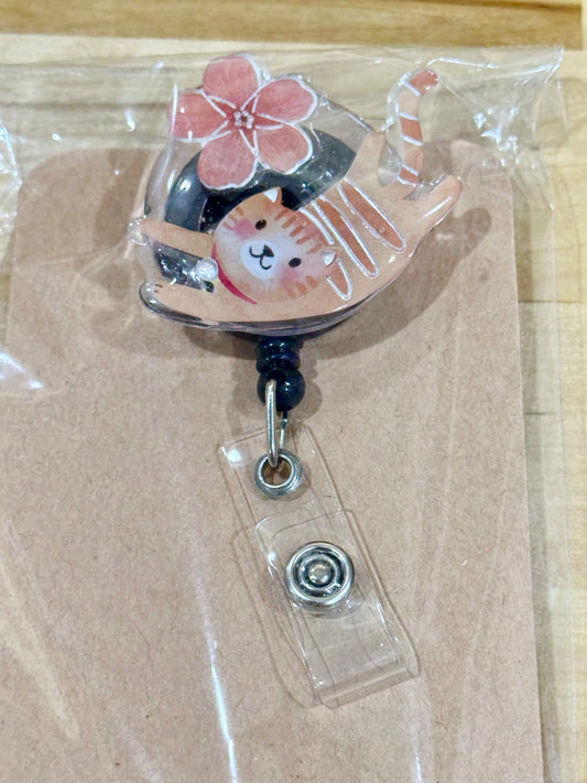 Floral Cat badge reel with belt clip