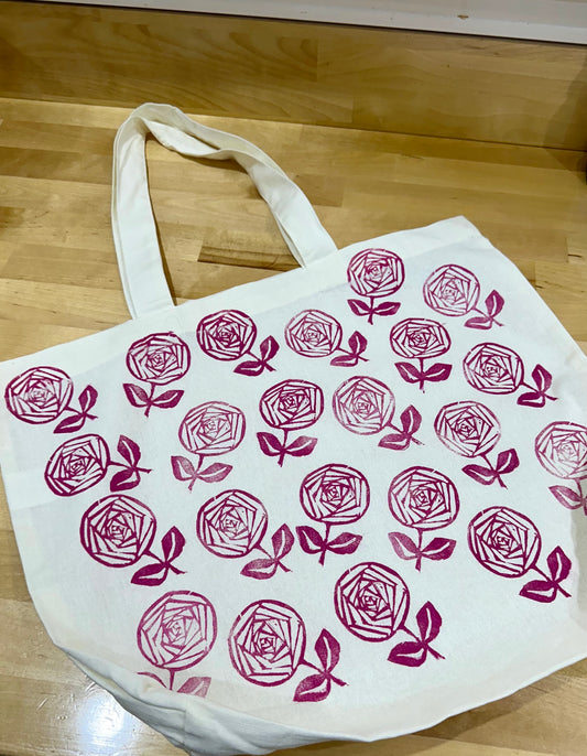 Magenta floral canvas block printed bag